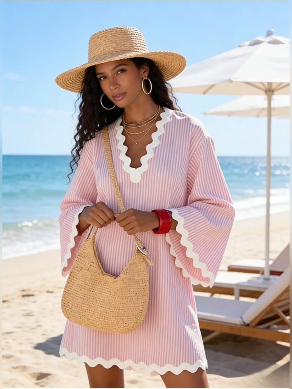 Viral Pink Stripe Beach Cover-Up Tunic Dress